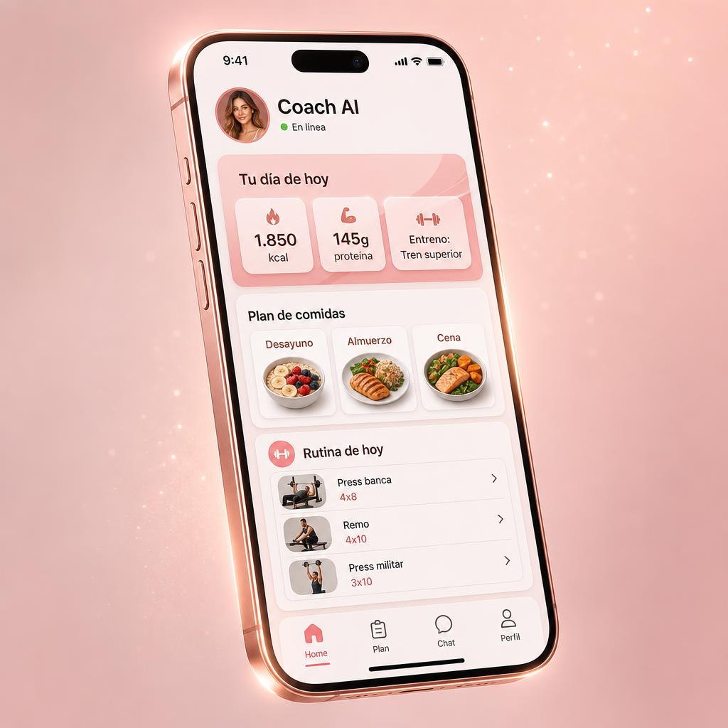 CoachAI app en un smartphone con plan de entrenamiento y nutrición personalizados
