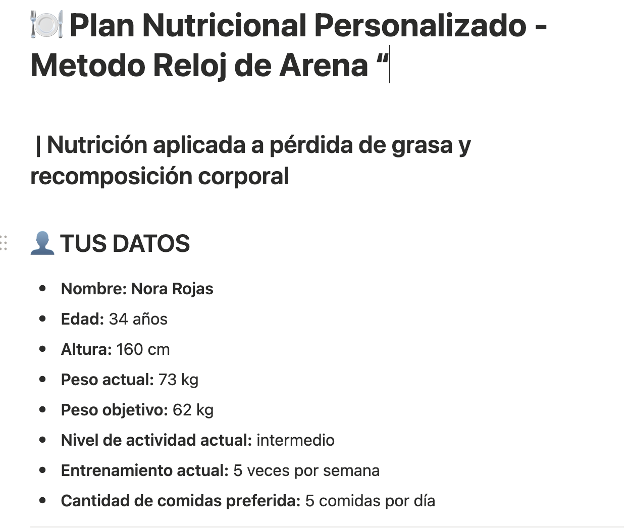 Plan nutricional personalizado y datos