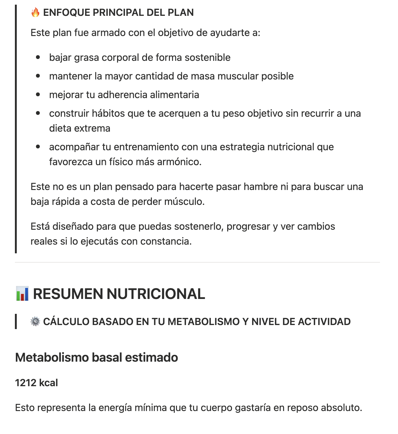 Enfoque principal del plan y resumen nutricional
