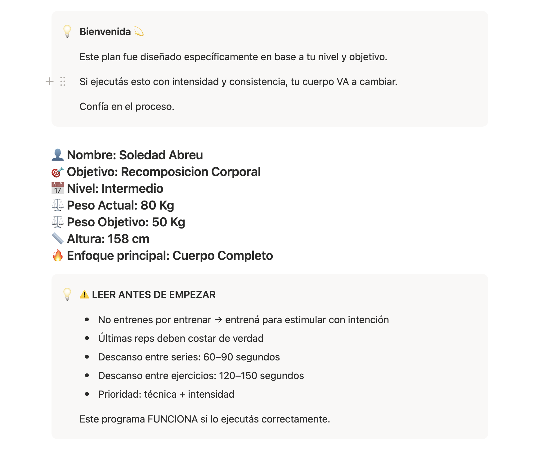 Datos personales y bienvenida del plan