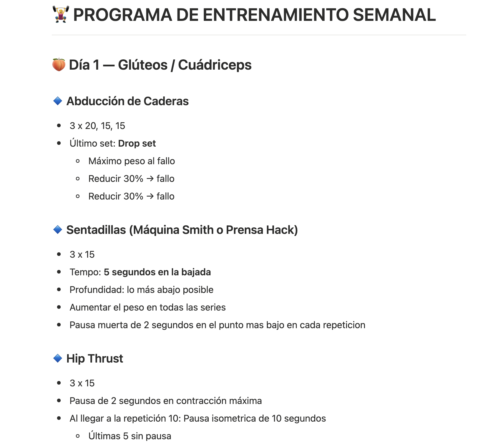 Programa de entrenamiento semanal con ejercicios
