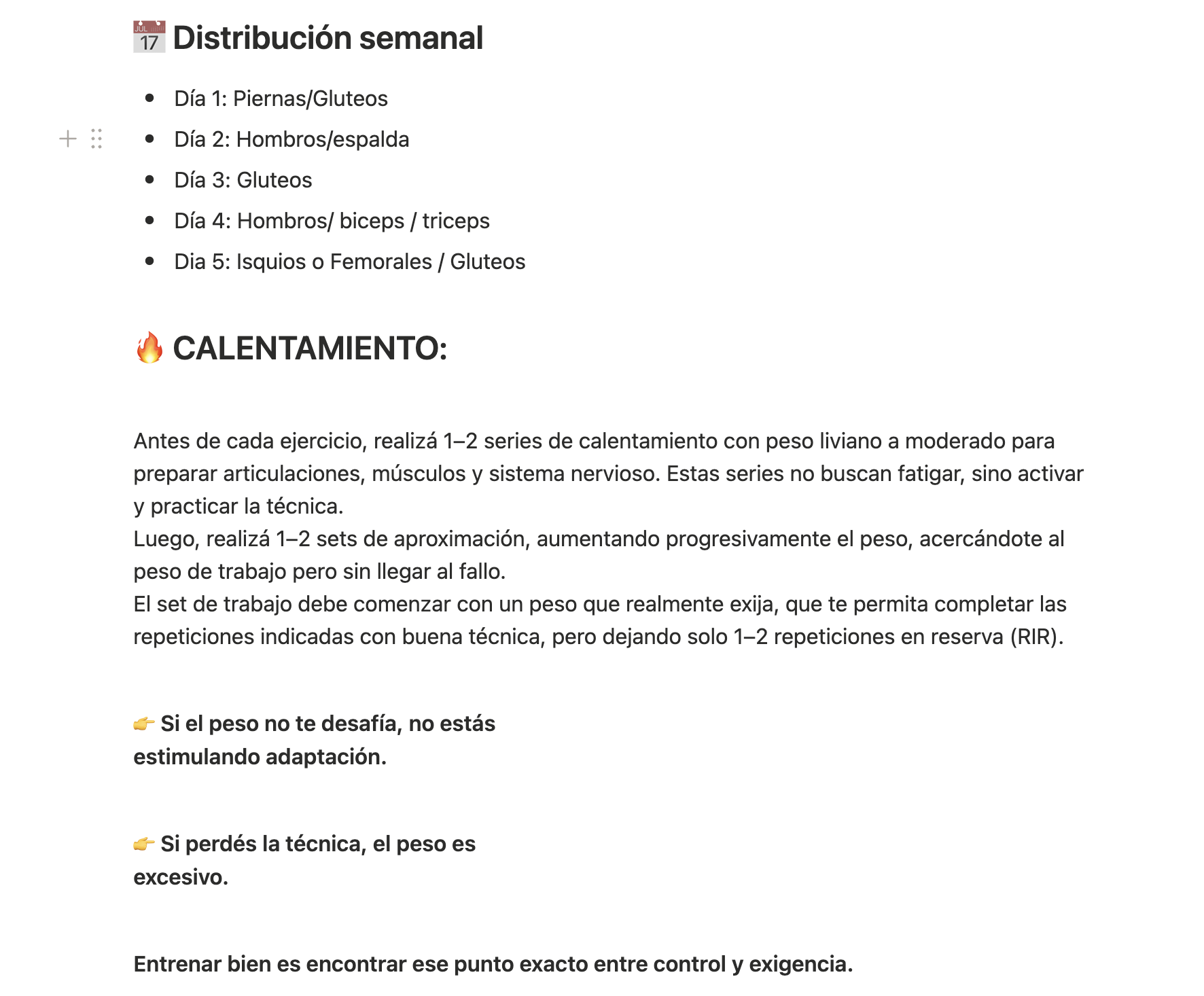 Distribución semanal y guía de calentamiento