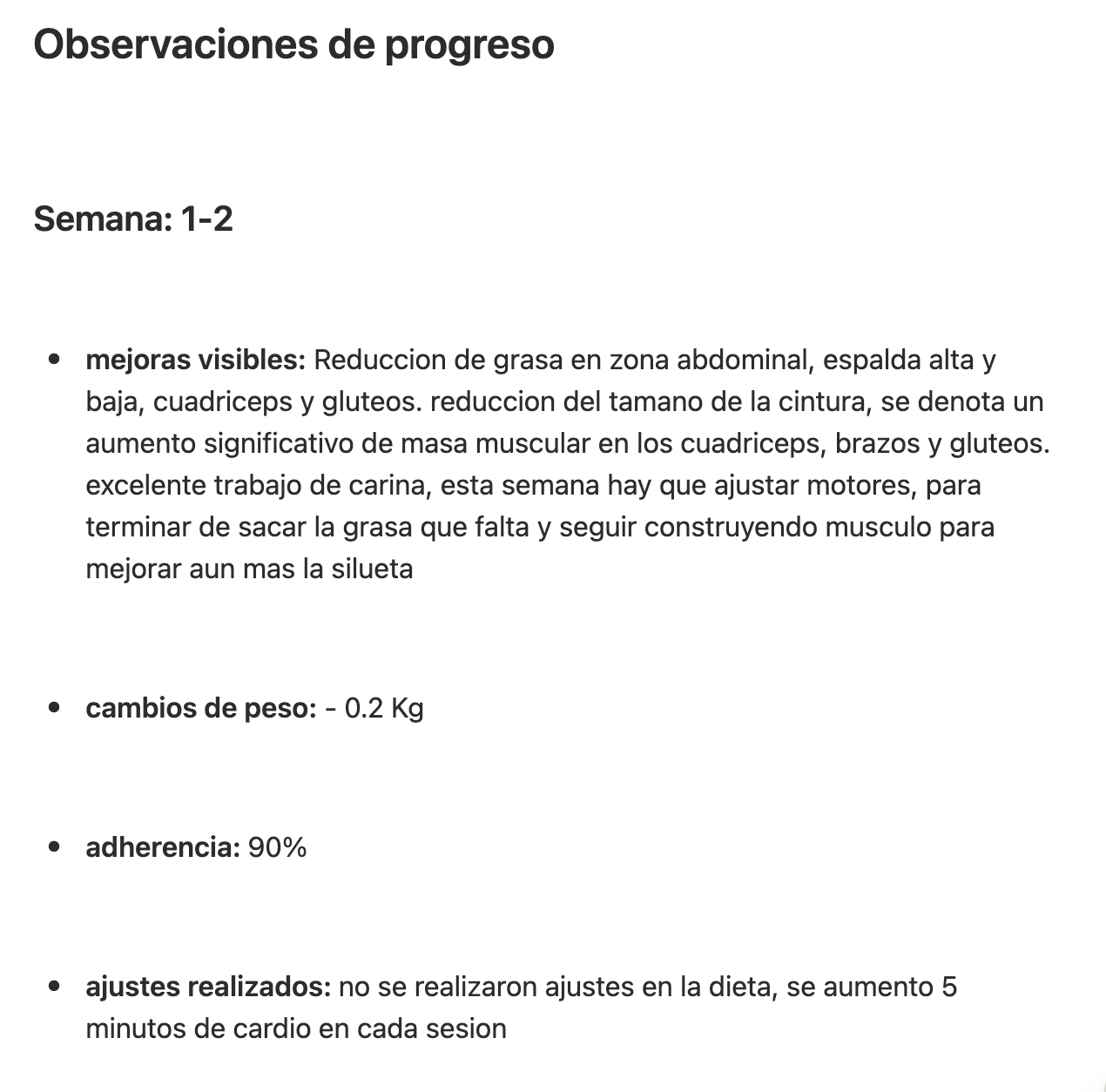 Observaciones de progreso del coach por semana